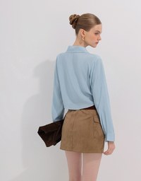 Tie Front Collared Shirt Blouse with Pockets