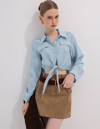 Tie Front Collared Shirt Blouse with Pockets