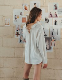 Lace Up Back Collar Long Sleeve Shirt Blouse
