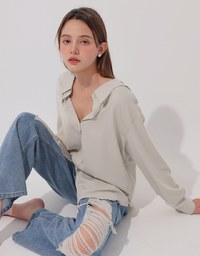 Lace Up Back Collar Long Sleeve Shirt Blouse