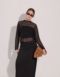 Turtleneck Sheer Ruffle Trim Top - Plain / Polka Dot Design