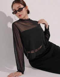 Turtleneck Sheer Ruffle Trim Top - Plain / Polka Dot Design