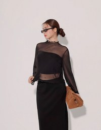 Turtleneck Sheer Ruffle Trim Top - Plain / Polka Dot Design