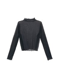 Turtleneck Sheer Ruffle Trim Top - Plain / Polka Dot Design