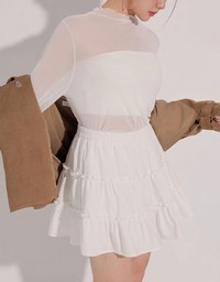 Turtleneck Sheer Ruffle Trim Top - Plain / Polka Dot Design