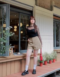 Turtleneck Sheer Ruffle Trim Top - Plain / Polka Dot Design