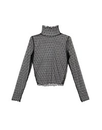 Turtleneck Sheer Ruffle Trim Top - Plain / Polka Dot Design