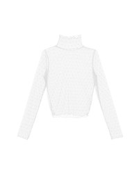 Turtleneck Sheer Ruffle Trim Top - Plain / Polka Dot Design