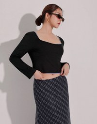 Classic Square Neck Stretch Long Sleeve Crop Top