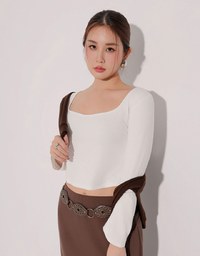Classic Square Neck Stretch Long Sleeve Crop Top
