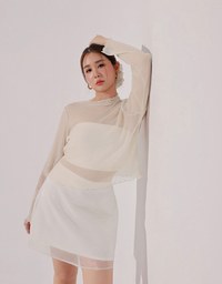 Glitter Sheer Mesh Long Sleeve Top with Lettuce Hem Details