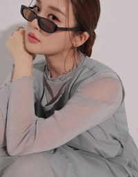 Glitter Sheer Mesh Long Sleeve Top with Lettuce Hem Details