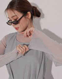Glitter Sheer Mesh Long Sleeve Top with Lettuce Hem Details