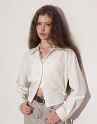 Side Drawstring Detail Collared Button Down Shirt Blouse