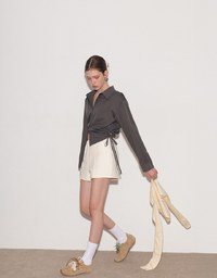 Side Drawstring Detail Collared Button Down Shirt Blouse