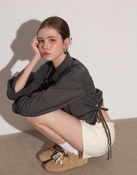 Side Drawstring Detail Collared Button Down Shirt Blouse