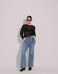 Sheer Knit Round Neck Long Sleeve Top with Adjustable Ruched Hem