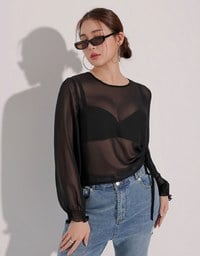 Sheer Knit Round Neck Long Sleeve Top with Adjustable Ruched Hem