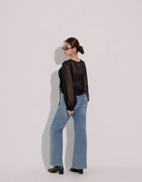 Sheer Knit Round Neck Long Sleeve Top with Adjustable Ruched Hem