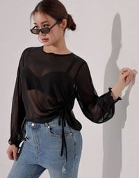 Sheer Knit Round Neck Long Sleeve Top with Adjustable Ruched Hem