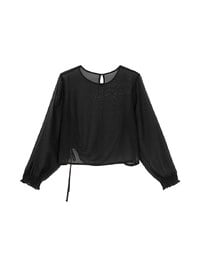 Sheer Knit Round Neck Long Sleeve Top with Adjustable Ruched Hem