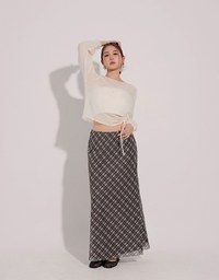 Sheer Knit Round Neck Long Sleeve Top with Adjustable Ruched Hem