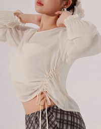Sheer Knit Round Neck Long Sleeve Top with Adjustable Ruched Hem