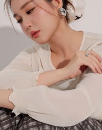 Sheer Knit Round Neck Long Sleeve Top with Adjustable Ruched Hem