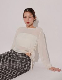 Sheer Knit Round Neck Long Sleeve Top with Adjustable Ruched Hem