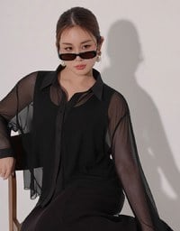 Lightweight Sheer Chiffon Collared Button Up Shirt Blouse