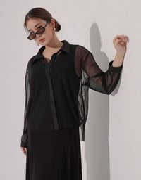 Lightweight Sheer Chiffon Collared Button Up Shirt Blouse
