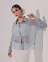 Lightweight Sheer Chiffon Collared Button Up Shirt Blouse