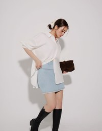 Metal Studded Distressed Hem Jeans Denim Mini Skirt
