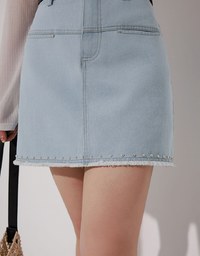 Metal Studded Distressed Hem Jeans Denim Mini Skirt