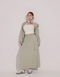 High Waist Cargo Pocket Maxi Skirt with Drawstring Hem
