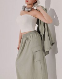High Waist Cargo Pocket Maxi Skirt with Drawstring Hem