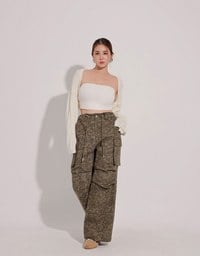 Drawstring Waist Wide Leg Cargo Pants (Camo Print/Leopard Print)