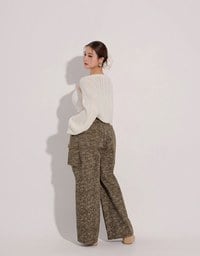 Drawstring Waist Wide Leg Cargo Pants (Camo Print/Leopard Print)