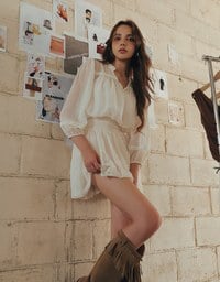 Lace Trim Drawstring Sleeve Cropped Cardigan and Elastic Waist A Line Mini Skirt Set Wear