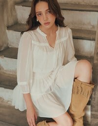 Lace Trim Drawstring Sleeve Cropped Cardigan and Elastic Waist A Line Mini Skirt Set Wear