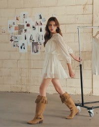 Lace Trim Drawstring Sleeve Cropped Cardigan and Elastic Waist A Line Mini Skirt Set Wear