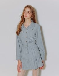 Collared Waist Cinched Button Front Shirt Mini Dress with AIR SPACE Logo Embroidered