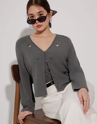 Heart Cutout Buttoned Knit Cardigan and Spaghetti Strap Crop Camisole Set Wear