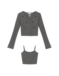 Heart Cutout Buttoned Knit Cardigan and Spaghetti Strap Crop Camisole Set Wear