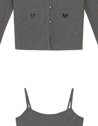 Heart Cutout Buttoned Knit Cardigan and Spaghetti Strap Crop Camisole Set Wear