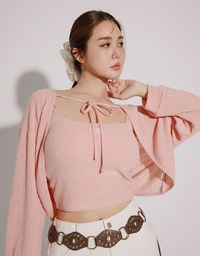 Cropped Knit Tie Front Cardigan with AIR SPACE Logo Embroidered Cami Padded Top Set Wear