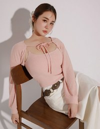 Cropped Knit Tie Front Cardigan with AIR SPACE Logo Embroidered Cami Padded Top Set Wear