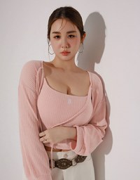 Cropped Knit Tie Front Cardigan with AIR SPACE Logo Embroidered Cami Padded Top Set Wear
