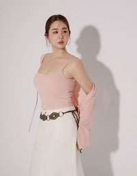 Cropped Knit Tie Front Cardigan with AIR SPACE Logo Embroidered Cami Padded Top Set Wear