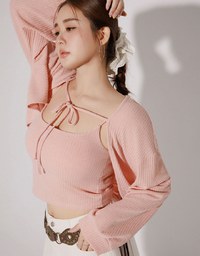 Cropped Knit Tie Front Cardigan with AIR SPACE Logo Embroidered Cami Padded Top Set Wear